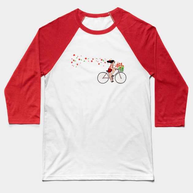 Girl Cycling with Flowers Baseball T-Shirt by Ashleigh Green Studios